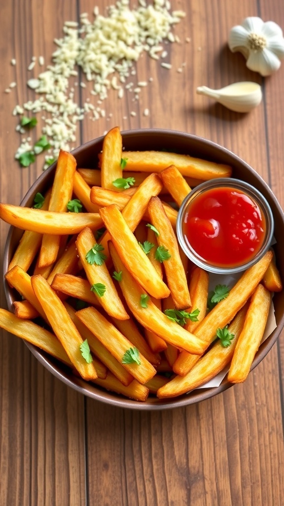 Crispy garlic parmesan fries in a bowl with parsley and marinara sauce on a wooden table.